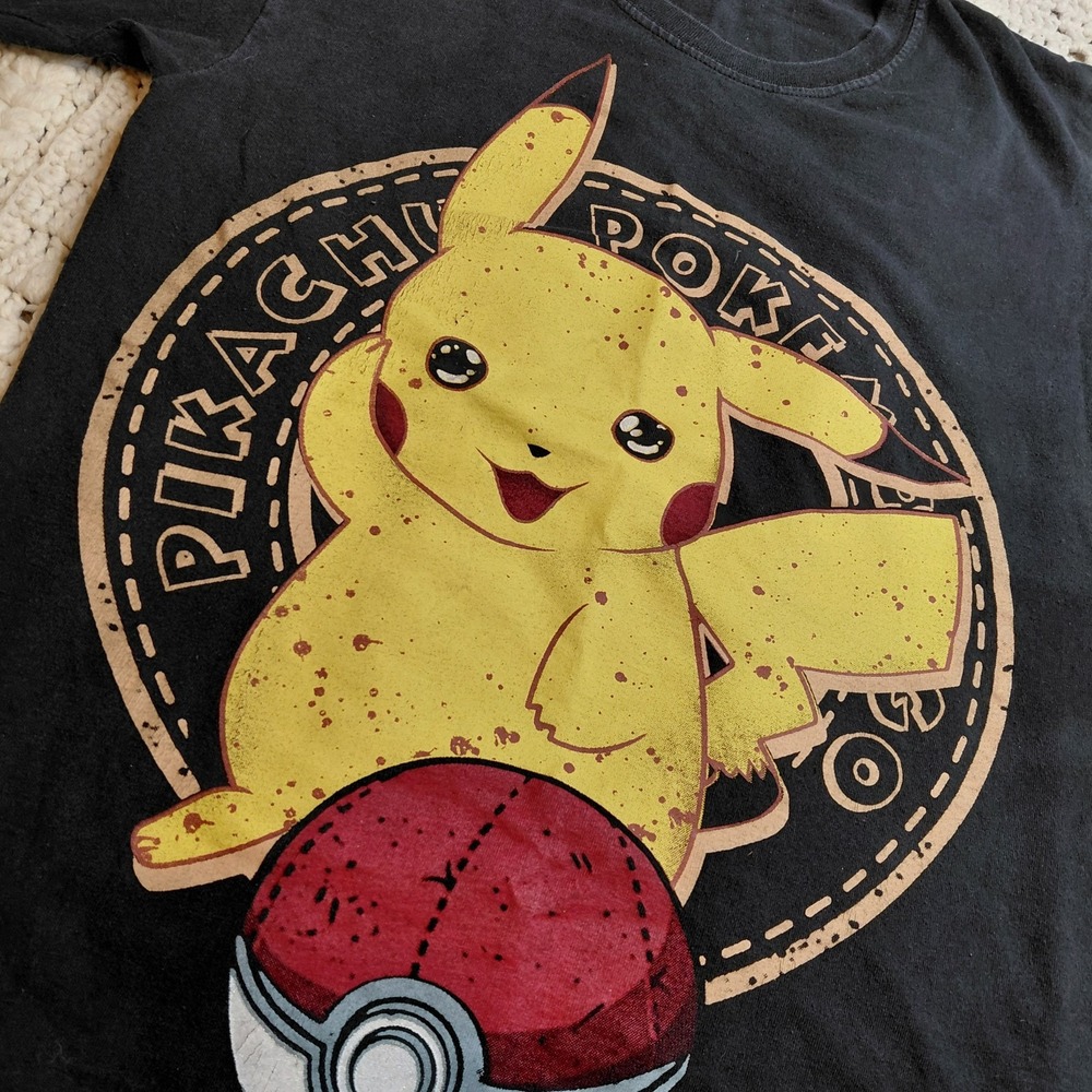 Animex Unisex S Pokemon AOP PIKACHU Double Sided Blk Tee Shirt Y2K‎ Rare Flaw